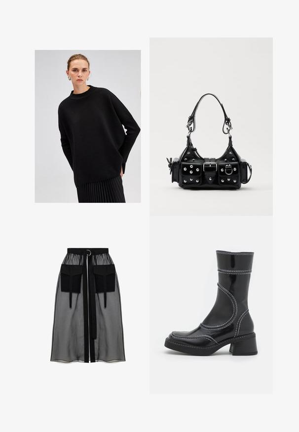 Melnas pārāk lielas džemperis, kas izgatavots no teksturēta dzijas auduma, ar augstu kakla izgriezumu un garām brīvām piedurknēm, apvienots ar plisētu melnu svārku.; Melnā caurspīdīgā svārka ar salikto jostasvietu, kas ietver divas lielas priekšējās kabatas, jostas saitīti un apaļu metāla akcentu.; Melna lakota ādas anklets ar baltiem šuvumiem, noapaļota purngala un kvadrāta papēža. Iezīmes izliekti dizaina līnijas un gluda struktūra.; Melnas ādas rokturmais ar izliekumu, ar sudraba iedurtiem, sprādzi un divām sānu kabatām. Regulējams siksniņas garums dažādām nēsāšanas iespējām.