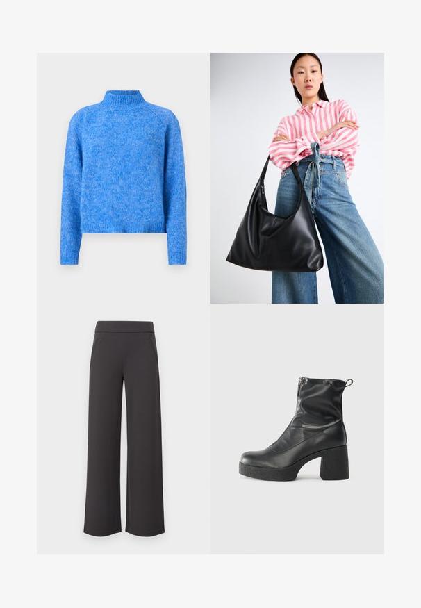 Pulover din tricot cu guler înalt de culoare albastru deschis, cu o croială ușor scurtă, mâneci raglan și un finisaj moale, texturat. Materialul are un aspect melanjat.; Pantaloni evazați din țesătură gri închis, cu o textură netedă, talie elastică și două buzunare frontale. Design cu față plată.; Bocanci negri de glezna din piele netedă, cu fermoar lateral, toc texturat și masiv, și design cu vârf rotund.; Geantă de umăr din piele neagră, cu o formă lejeră și detalii de cusătură. Modelul poartă o bluză cu dungi roz și alb și jeans largi albaștri.