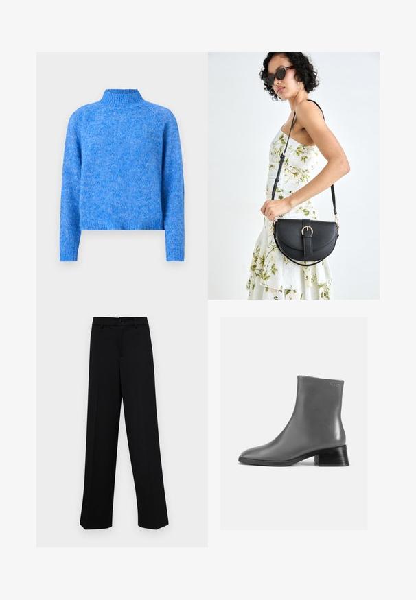 Helles blauer Strickpullover mit leicht verkürztem Schnitt, Raglanärmeln und einer weichen, strukturierten Oberflächenbeschaffenheit. Der Stoff hat eine melierte Optik.; Schwarze, weit geschnittene Hosen aus glattem Stoff, mit einem klassischen Taillenbund und einem Knopfverschluss sowie vorderen Falten.; Graue Lederstiefelette mit runder Zehenform und einem kurzen, gestapelten schwarzen Absatz. Glatte Textur mit minimalen Details.; Schwarze Lederhandtasche mit geschwungener Form, abnehmbarem Tragegurt und goldenen Beschlägen. Die Tasche verfügt über einen Deckel mit einer Schnallen-Details.