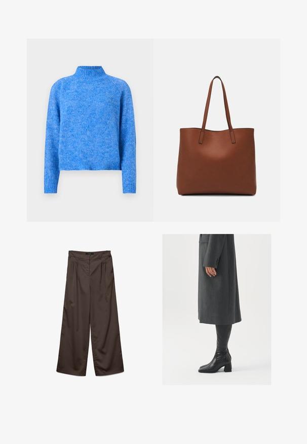 Helles blauer Strickpullover mit leicht verkürztem Schnitt, Raglanärmeln und einer weichen, strukturierten Oberflächenbeschaffenheit. Der Stoff hat eine melierte Optik.; Weite Hosen aus dunkelbraunem Stoff mit glatter Textur. Merkmale sind Falten an der Vorderseite und ein normaler Bund.; Grau, maßgeschneiderter Überwurf mit geradem Schnitt; kombiniert mit knöchelhohen, schwarzen Lederstiefeln mit quadrater Zehenform und klobigem Absatz.; Braune Leder-Tote mit glatter Textur, offenem Oberteil und zwei Schulterriemen. Verfügt über minimale Nähte und keine sichtbaren Beschläge.