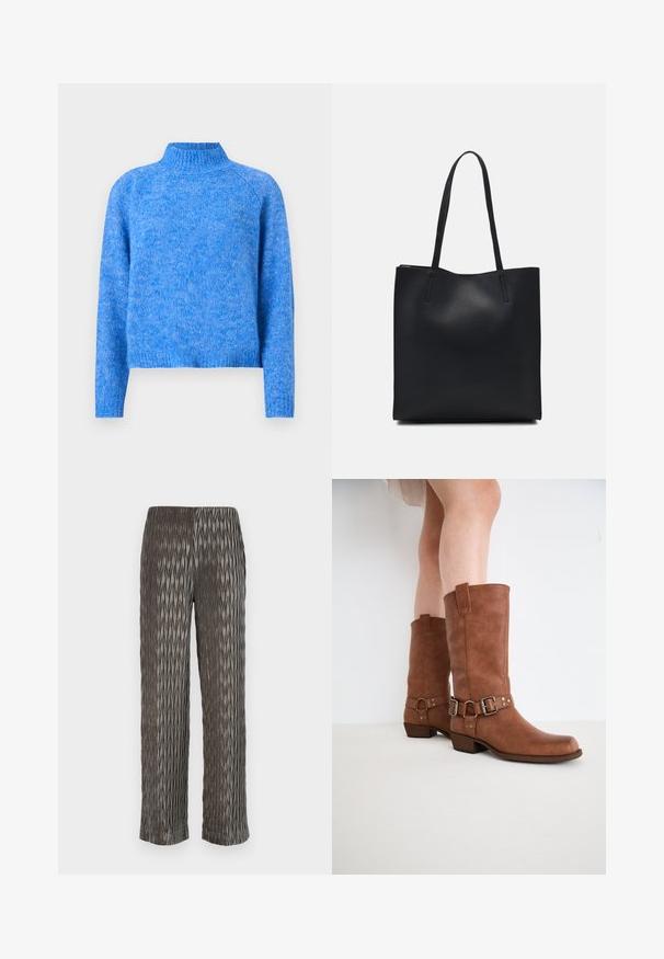 Suéter de gola alta em malha azul claro com um corte ligeiramente cropped, mangas raglan e um acabamento suave e texturizado. O tecido tem uma aparência mesclada.; Calças largas cinzentas pregueadas com um padrão texturizado em forma de diamante. Material macio, cintura elástica e comprimento curto.; Botas de tornozelo em couro castanho com bico ligeiramente apontado, fivelas decorativas e um salto baixo empilhado. Textura suave com um acabamento mate.; Bolsa tote preta em couro com textura lisa, forma retangular e duas alças longas. Sem hardware ou enfeites visíveis.