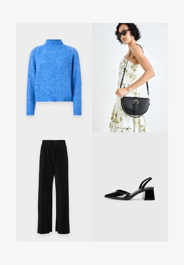 Svijetloplavi pleteni turtleneck pulover s lagano skraćenim krojem, raglan rukavima i mekim, teksturiranim završetkom. Tkanina ima melirani izgled.; Crne plisirane hlače s elastičnim pojasom. Imaju široke nogavice i glatku, teksturiranu tkaninu s vertikalnim prugama.; Crne lakirane kožne sandale s otvorenom petom i špicastim vrhom, s geometrijskom blok petom. Imaju elegantan, minimalistički dizajn i glatku teksturu.; Crna kožna torba s lukovitim oblikom, odvojivim remenom i zlatnim detaljima. Torba ima preklop s kopčom.
