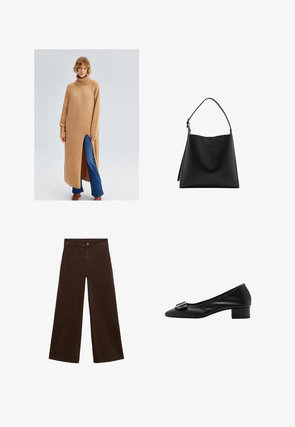 Abito lungo in maglia beige con colletto alto, spacco laterale e polsini a coste, indossato sopra jeans a campana blu. Tessuto morbido e vestibilità comoda.; Pantaloni larghi marroni in misto cotone, caratterizzati da orlo sfrangiato, chiusura frontale con bottone e classico design a cinque tasche. Minimalisti e versatili.; Pumps in pelle nera con punta affusolata, tacco basso a blocco e dettaglio decorativo con fibbia sul davanti. Texture liscia e design semplice.; Borsa a tracolla nera in pelle con una texture liscia, design minimalista e una sola tracolla curva. Apertura superiore, senza hardware visibile.