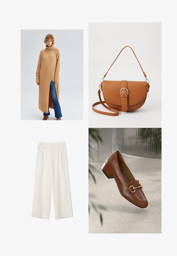 Lång, beige stickad klänning med hög krage, sidofsprund och ribbade manschetter, bärs över blå utsvängda jeans. Slät textur och avslappnad passform.; Vidbenade byxor i off-white tyg med en mjuk textur. Har en knytt midja och plisserad framdel, designade för en avslappnad passform.; Brun lackläder loafer med fyrkantig tå, metallkedja som accent och låg blockklack; slät textur, minimalistisk design.; Brun läder crossbody-väska med en böjd form, gyllene detaljer och en spänneaccent. Har en avtagbar axelrem.; Vitt pärlhalsband med olika storlekar av glänsande runda pärlor, utrustat med en guldig kräfta-lås och justerbar kedja.