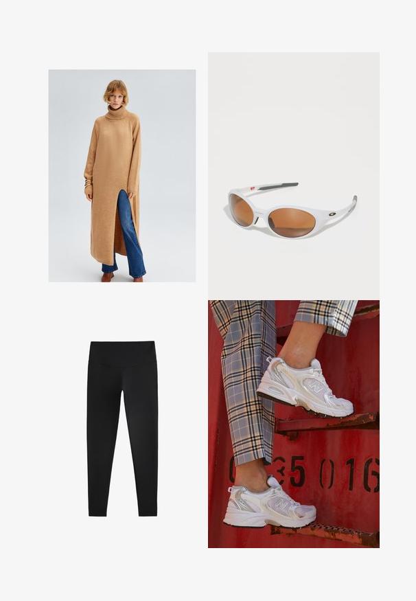 Duga, bež pletena haljina sa visokim ovratnikom, bočnim prorezom i rebrastim manžetama, nosi se preko plavih širokih traperica. Glatka tekstura i opušteni kroj.; Crne tajice izrađene od rastezljivog materijala, s visokim pojasom i glatkom teksturom, dizajnirane za udobnost i fleksibilnost.; Bijele mrežaste tenisice sa srebrnim akcentima i teksturiranom potplatom, postavljene na crvenu površinu, u kombinaciji s kariranim hlačama.; Bijele sunčane naočale s smešnim lećama, ovalnog oblika, izrađene od glatke plastike, sivi detalji na ručkama i logotip na okviru.; The North Face SUNRISER RUN VEST UNISEX - Ruksak za hidrataciju - black/white