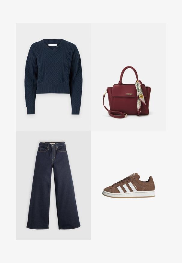 Námořnická modrá pletená svetr s výstřihem do V, zkráceným střihem a texturovanými diamantovými vzory na těle a rukávech, s žebrovanými manžetami.; Bílá košile s dlouhým rukávem a knoflíkovým zapínáním, s špičatým límcem a nařasenými manžetami, vystavená na jednobarevném bílém pozadí.; Džínové kalhoty s širokými nohavicemi ve tmavě modré barvě s kontrastním prošíváním. Mají tradiční pětikapsový design a zapínání na knoflík v pase.; Hnědé semišové tenisky s bílými koženými pruhy, gumovou podrážkou, kulatou špičkou a šněrováním vpředu. Mají logo na jazyku a perforované detaily.; Burgundská kabelka vyrobená z umělého materiálu se strukturovaným designem, která má odnímatelný popruh a kroužek, na kterém je uvázaný šátek s květinovým vzorem.