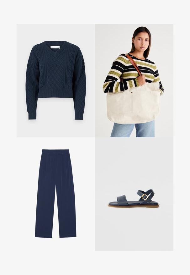Granatowy sweter dzianinowy z dekoltem w kształcie V, skróconym krojem i teksturowanymi wzorami w romby na korpusie i rękawach, z prążkowanymi mankietami.; Granatowe spodnie o szerokich nogawkach, wykonane z miękkiego materiału, z przodem w kant, gładką fakturą i prostym krojem bez widocznych kieszeni.; Granatowe skórzane sandały z szerokim przednim paskiem i krzyżującymi się tylnymi paskami, z akcentem w postaci złotej klamry i płaską brązową podeszwą.; Duża beżowa torba płócienna z brązowymi skórzanymi uchwytami, charakteryzująca się minimalistycznym wzornictwem oraz widocznymi szwami.