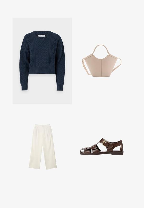 Marineblauer Strickpullover mit V-Ausschnitt, verkürztem Design und strukturierten Rautenmuster auf dem Körper und den Ärmeln, mit gerippten Bündchen.; Helle Stoffhose mit weitem Bein und glatter Textur, ausgestattet mit einem einzelnen Knopf vorne, dezenten Falten und einem Hochbund-Design.; Braune Leder-Sandale mit ausgeschnittenem Design, verstellbarem seitlichem Riemenverschluss und flacher Sohle, mit Metallakzenten und offenem Zehenbereich.; Beige Lederhandtasche mit einer einzigartigen Form, die zwei kurze Henkel und einen langen verstellbaren Riemen aufweist. Glatte Textur mit minimalen Hardware-Elementen.