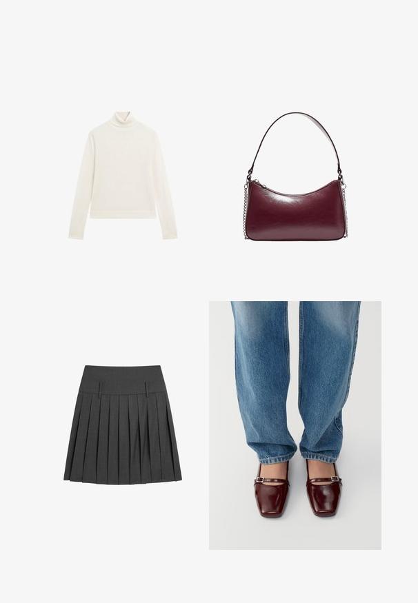 Weißer Rollkragenpullover, aus weichem Strickmaterial, mit langen Ärmeln, figurbetontem Schnitt, gerippten Bündchen und Saum, minimalistisch im Design ohne Muster oder Akzente.; Faltierter grauer Rock aus strukturiertem Stoff, mit einem flachen Bund, zwei vorderen Laschen und mehreren vertikalen Falten für zusätzlichen Volumen.; Burgunderfarbene Lacklederschuhe mit quadratischer Zehenform und Knöchelriemen, kombiniert mit hellblauen, locker sitzenden Jeans. Die Schuhe haben eine glänzende Oberfläche.; Burgunderfarbene Lederhandtasche mit geschwungener Form, Reißverschluss und einer mit Kette verzierten Tragriemen. Glenzende, glatte Oberfläche.