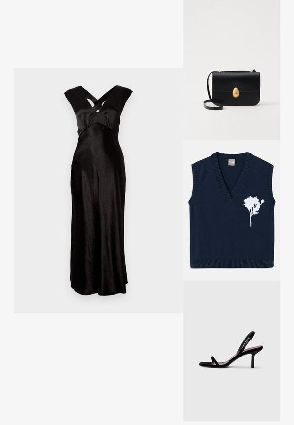 Navy knitted sleeveless vest with a deep V-neck, featuring a white floral design on the left side and ribbed edges at the hem and armholes.; Black satin dress with a floor-length design, featuring a crossover V-neckline and wide straps. Smooth texture and minimal detailing.; Black suede women's high-heeled sandal with slim straps and a gold buckle on a white background, side view.; Black leather handbag with a structured rectangular shape. Features a golden oval clasp and a thin shoulder strap. Smooth texture.