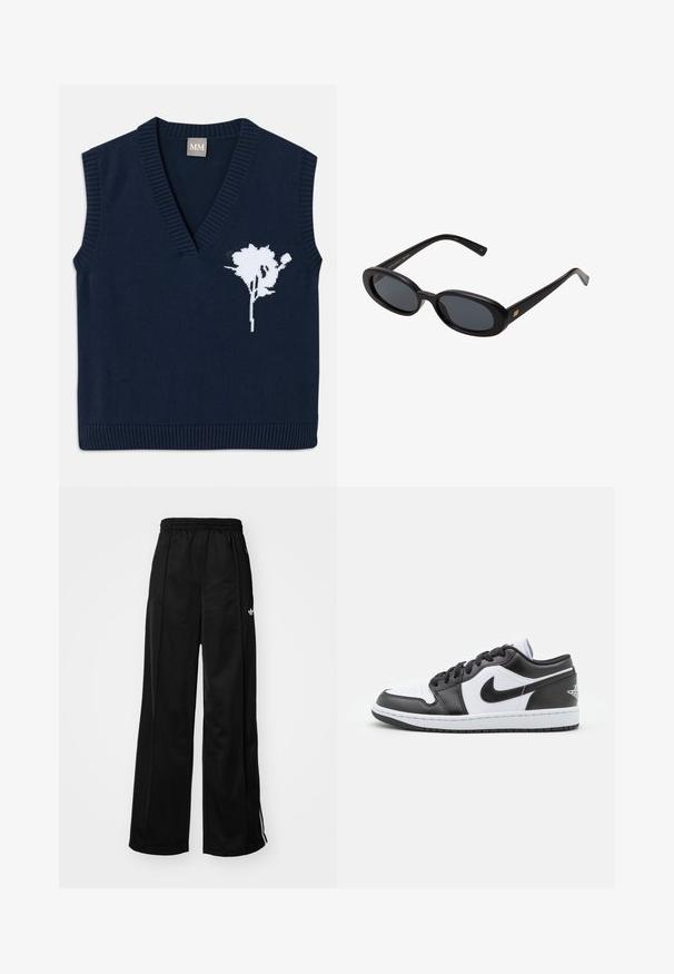 Marineblauwe gebreide mouwloze vest met een diepe V-hals, met een witte bloemdesign aan de linkerkant en geribbelde randen bij de zoom en armsgaten.; Wit katoenen T-shirt met korte mouwen, een ronde hals en een gladde textuur. De achterkant is effen zonder extra patronen of ontwerpen.; Zwarte wijde trainingsbroek met een elastische tailleband, voorzien van witte zijkanten en een klein logo op de linker heup. Stevige stoftextuur.; Zwart-witte Nike lage sneakers hebben een glad leren bovenwerk, een ronde neus, vetersluiting en een gestippelde rubberen zool.; Zwarte oversized zonnebril met ovale lenzen, een glad plastic montuur en gouden accenten op de pootjes. Donkere lenzen bieden bescherming tegen de zon.