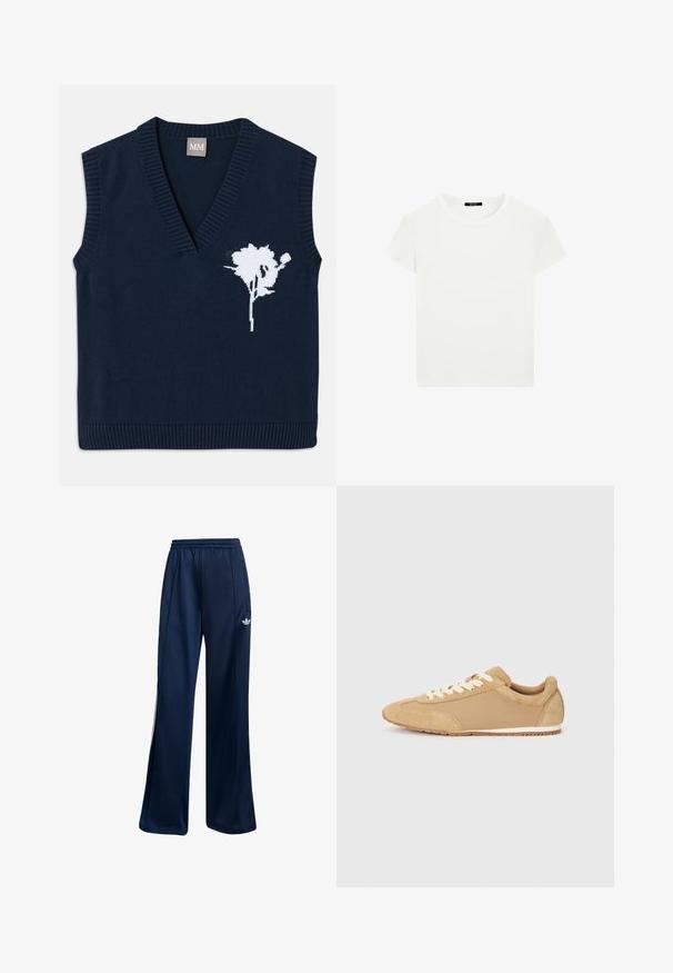 Gilet senza maniche in maglia di colore blu navy con scollatura a V profonda, caratterizzato da un design floreale bianco sul lato sinistro e bordi a coste all'orlo e alle apertura delle maniche.; T-shirt bianca a maniche corte e scollo rotondo con vestibilità slim, esposta piatta su uno sfondo bianco.; Pantaloni sportivi blu navy realizzati in tessuto morbido, con elastico in vita e dettaglio del logo bianco sul fianco sinistro. Design a gamba dritta.; Sneaker marrone chiaro realizzato in suede e tessuto, con punta arrotondata, lacci bianchi e suola in gomma con finitura testurizzata.