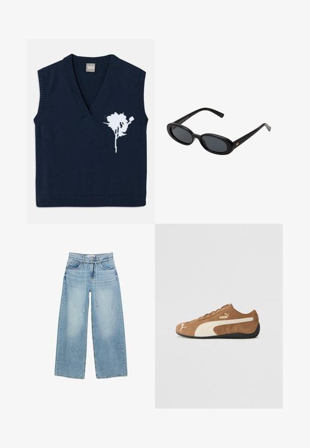 Gilet senza maniche in maglia di colore blu navy con scollatura a V profonda, caratterizzato da un design floreale bianco sul lato sinistro e bordi a coste all'orlo e alle apertura delle maniche.; T-shirt bianca a maniche corte e scollo rotondo con vestibilità slim, esposta piatta su uno sfondo bianco.; Jeans a gamba larga blu chiaro con vita alta, due tasche anteriori, chiusura con zip e cravatta in tessuto in vita. Texture denim classica.; Sneaker bassa in suede marrone con accenti crema, superficie texture, suola in gomma nera e logo ricamato sul lato e sulla linguetta.; Occhiali da sole neri oversize con lenti ovali, montatura in plastica liscia e accenti dorati sulle tempie. Le lenti scure offrono protezione dal sole.