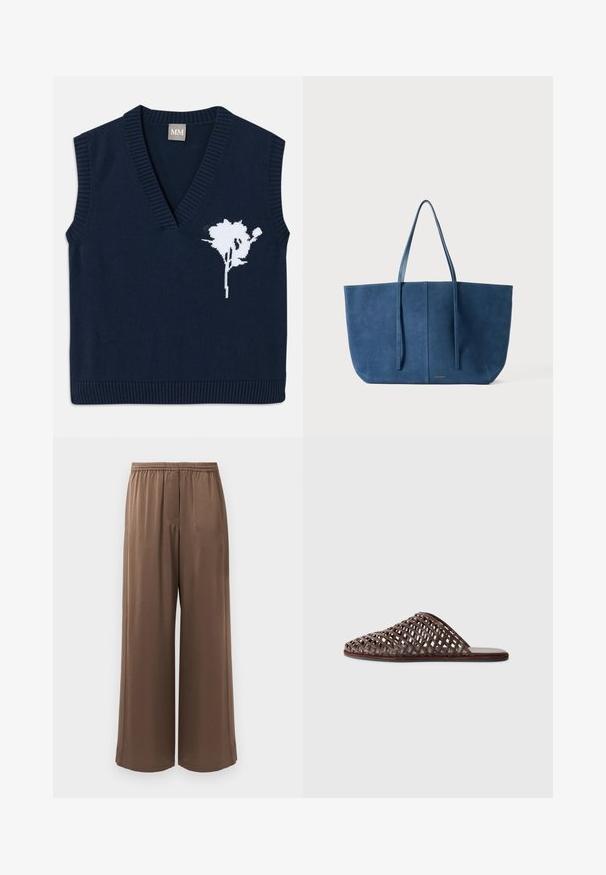 Námořnická pletená bezrukávová vesta s hlubokým V-výstřihem, na levé straně se vzorem bílých květin a ribbovanými okraji na spodním lemu a průramcích.; Hnědé široké kalhoty s elastickým pasem a hladkým materiálem, vystavené na čistém bílém pozadí.; Hnědé tkané pantofle s kulatou špičkou, otevřeným designem, plochou podrážkou a texturovaným povrchem. Lehký materiál a minimalistický silueta.; Modrá semišová taška přes rameno s dvěma dlouhými rukojeťmi, obdélníkový tvar, hladká textura, minimalistický design, s jemným logem na přední straně.