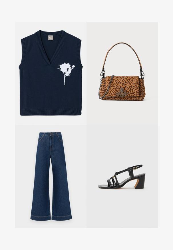 Navy knitted sleeveless vest with a deep V-neck, featuring a white floral design on the left side and ribbed edges at the hem and armholes.; Wide-leg blue denim jeans with a high waist, featuring a button closure, belt loops, and subtle stitching details along the pockets and hems.; Paul Smith AMIRA - Classic heels - black; Leopard print handbag made of suede with a short handle, a chain strap, and a black hardware clasp. Rectangular shape with a flap closure.