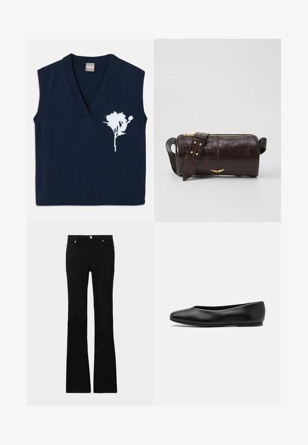 Tumesinine kudumine ilma varrukateta vest sügava V-kaelusega, millel on valge lillemuster vasakul küljel ja soonilised servad allääres ning varraste avades.; Mustad teksased, millel on flared lõige, kaks esi-taskut, nööbiga kinnitamine ja sile tekstuur. Tootemärgistus on nähtav õmblustes.; Paul Smith TOPANGA - Baleriinad - black; Pruunist krokodillimustrist nahast kott, millel on silindri kuju, kuldse tooni metalldetailid ja eemaldatav rihm, kus on nupud.