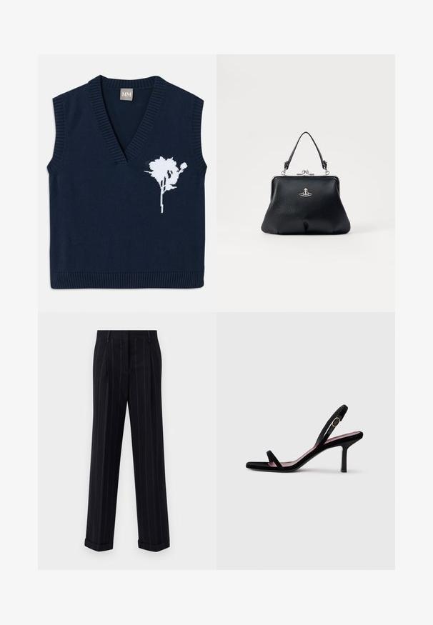 Marineblauwe gebreide mouwloze vest met een diepe V-hals, met een witte bloemdesign aan de linkerkant en geribbelde randen bij de zoom en armsgaten.; Zwarte broek met streepjes in een getailleerde pasvorm, voorzien van een omgeslagen zoom en voorplooien. Gemaakt van een gladde stof met een gestructureerd ontwerp.; Zwarte suede dames hooggehakte sandaal met smalle bandjes en een gouden gesp op een witte achtergrond, zijaanzicht.; Zwarte leren handtas met een gestructureerde oppervlakte, zilveren hardware, sluiting met een haak, en een korte handgreep om te dragen. Compacter en gestructureerd ontwerp.