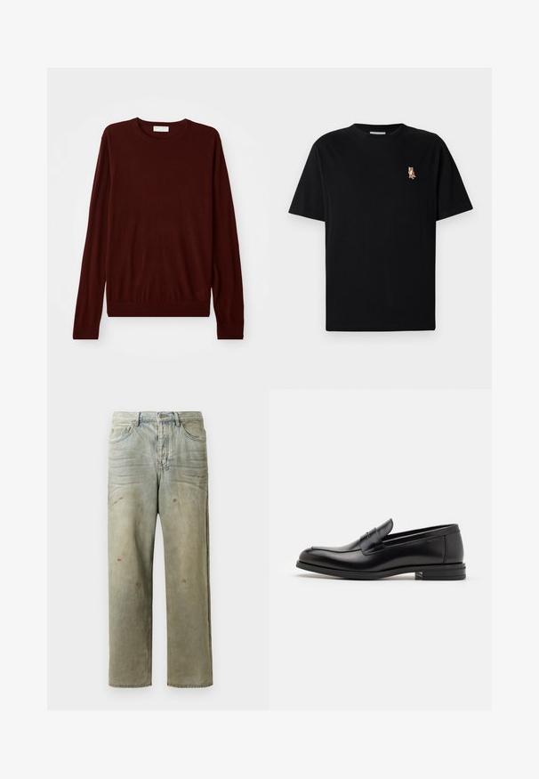 Bordeaux lange mouwen trui met ronde hals en geribbelde manchetten en zoom, plat gelegd op een witte achtergrond.; Zwarte korte mouwen t-shirt met ronde hals, met een klein geborduurd oranje vossenlogo op de linkerborst.; Verweerde denim jeans in lichtgroen, met een rechte pijp, vijf-pocket ontwerp en ongelijkmatige vervaging met verfspatten.; Zwarte leren instappers met een gladde textuur, ronde neus en een decoratieve band over de wreef. Lage, gestapelde hak en minimalistisch ontwerp.
