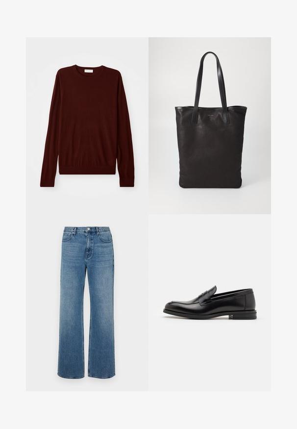 Jersey de manga larga color burdeos con cuello redondo, con puños y dobladillo acanalados, dispuesto plano sobre un fondo blanco.; Pantalones vaqueros de pierna ancha en denim con un acabado desgastado. Presenta cinco bolsillos, un cierre de botón en la parte delantera y un corte recto.; Mocasines de cuero negro con una textura suave, puntera redondeada y una tira decorativa en el empeine. Tacón bajo apilado, diseño minimalista.; Bolsa tote de lona negra con asas de cuero negro. Diseño sencillo, cuerpo espacioso y textura suave. Sin logos ni patrones visibles.