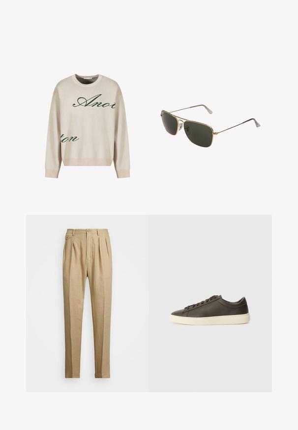 Beige gebreide trui met groene cursieve tekst. Geribbelde halslijn en mouwen, relaxte pasvorm met een zachte textuur.; Beige linnen broek met een rechte snit, voorzien van twee voorplooien, een knoopsluiting en zijzakken. Gestructureerde stof met een gladde afwerking.; Donkerbruine leren sneaker met een gestructureerde afwerking, witte rubberen zool en platte veters. Minimalistisch ontwerp zonder zichtbare logo's.; Gouden metalen aviator zonnebril met grote donker groene lenzen, voorzien van een dunne rand en transparante neuspads voor comfort.