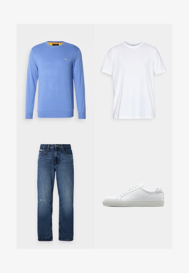 Svijetloplava pletena majica s dugim rukavima, okruglog izreza; sadrži mali zlatni simbol na prsima i kontrastni žuti unutarnji ovratnik.; Bijela pamučna majica kratkih rukava, s okruglim izrezom i ležernim krojem. Ima minimalistički dizajn, bez uzoraka ili akcenta.; Plave traperice s ravnim nogavicama. Imaju izblijeđena područja i lagano oštećenje sprijeda, s klasičnim kopčanjem na gumbi.; Bijela tenisica s glatkim kožnim gornjim dijelom i niskim profilom. Ima zaobljen vrh, šest rupica za vezanje i teksturiranu gumenu podlogu.