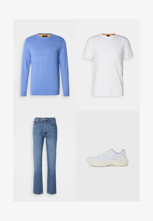 Hele helesinine omakootud sviiter, pikkade varrukatega, ümmargune kaelus; sellel on rinnal väike kuldne embleem ja kontrastne kollane sisekaelus.; Valge puuvillane T-särk ümmarguse kaelusega, lühikeste varrukatega ja rinna peal diskreetse reljeefse logoga. Siseetiketil on oranž detail.; Sinised denim teksad kõrge vöökoha, sirge jala disaini ja kerge pleekimisega. Omavad klassikalist viit taskut ja tõmbluku sulgemist.; Valged sportlikud jalanõud, mis on valmistatud võrkkangast ja seemisnahast, sisaldavad tekstureeritud vahetald, tekstureeritud aktsentide ning küljes oleva "HUGO" logo.