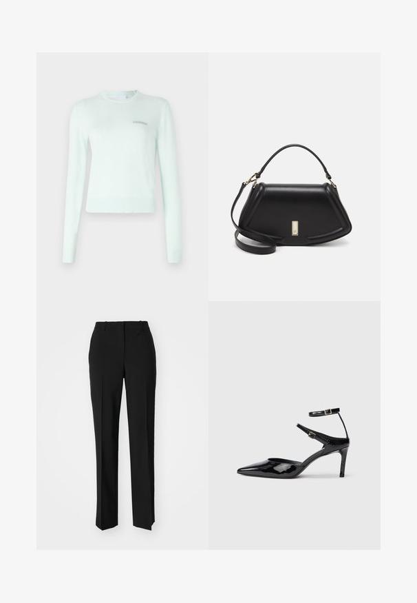 Mündroheline sviiter pehmest kangast, pikkaevartega, ribitud kaela- ja mansettidega ning väikese tikandiga logoga rinnas.; Mustad ja sirged püksid, millel on sile tekstuur ja teravad voldid esiosas. Ilma nähtavate detailideta.; Mustad nahast mustad kontsad terava ninaga, reguleeritavate pahkluu rihmade ja õhukese kontsaga. Sile tekstuur läikiva viimistlusega.; Must mustrist käekott, millel on struktureeritud disain, lühendatud kuju, ülemine käepide ja kuldne metallist detail. Reguleeritav õlalihm on kaasas.