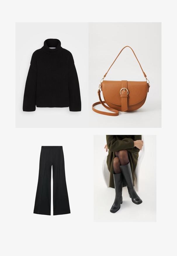 Selected Femme SLFSEFIKA ROLLNECK - Neule - black; Mustat leveälahkeiset housut, joissa on sileä pinta, etupuolella laskokset ja muotolaskettu malli. Kangas on kevyttä ja laskeutuvaa.; Polvisuoja mustat nahastossud, millel on ruudukujuline varvas ja plokk-kints, on esitatud mudeli seljas, kes istub oliivrohelises mantlis. Sile tekstuur, minimaalne detailitus.; Ruskean nahkainen olkalaukku, jossa on kaareva muoto, kultaiset yksityiskohdat ja solkiyksityiskohta. Varustettu irrotettavalla olkahihnalla.