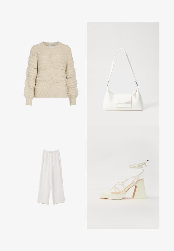 VILA VITAMO - Vesta - birch; Bijele hlače širokih nogavica napravljene od lagane tkanine. Imaju elastičan pojas s ušicom i bočne džepove. Glatka tekstura.; Bijela sandala na visokoj potpetici s debelim petom, s remenom i vezanjem oko gležnja. Glatka tekstura s platformom sprijeda za dodatnu visinu.; Bijela sintetička torbica s trokutastim oblikom, ravnim prednjim poklopcem i detaljem u obliku mašne, podesivom remenom, glatkom teksturom i minimalističkim dizajnom.