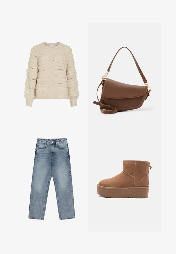 VILA VITAMO - Trui - birch; Lichtblauwe denim jeans met een rechte pijp, zichtbare stiksels, vijf zakken en een knoopsluiting in de taille.; Tan suède enkellaars met een platformzool, ronde neus en stiksels; heeft een trekband aan de achterkant voor gemakkelijke instap.; Bruine leren schoudertas met een gestructureerde afwerking, gebogen vorm, hardware in goudkleur, verstelbare schouderband en klepafsluiting.