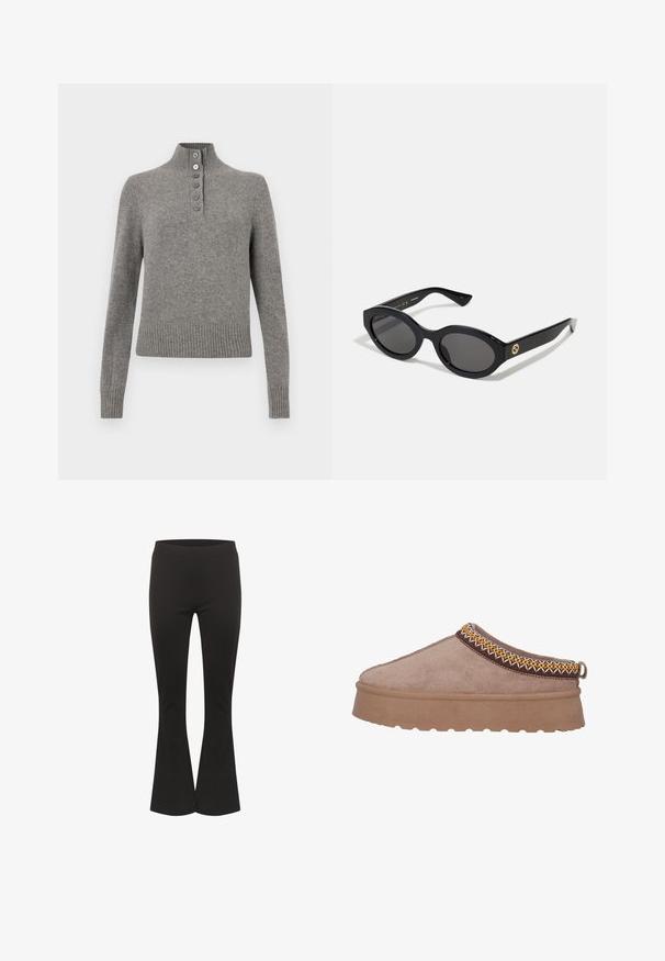 Maglione grigio a maglia con colletto alto a coste, dotato di una parziale chiusura a bottoni e orlo e polsini a coste per un look aderente.; Pantaloni neri a zampa d'elefante con vita aderente e tessuto liscio, mostrati in posizione eretta su uno sfondo bianco.; Scarpa slip-on in suede marrone con suola spessa e texture, caratterizzata da un intricato ricamo giallo e marrone lungo il bordo superiore.; Occhiali da sole neri a forma ovale con lenti scure e montatura in plastica lucida. Presentano un logo dorato sulla stanghetta, offrendo un design elegante e moderno.