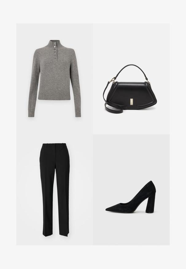 Suéter gris de punto con un alto cuello acanalado, que presenta una tapeta de botones parcial y un dobladillo y puños acanalados para un ajuste ceñido.; Pantalones negros ajustados con un diseño de pierna recta, que presentan una textura suave y pliegues nítidos en el frente. Sin herrajes visibles.; Zapato de tacón alto de ante negro con punta afilada y tacón grueso. Diseño elegante, textura suave y estilo minimalista. Sin marcas visibles.; Bolso de mano de cuero negro con un diseño estructurado, que presenta una forma recortada, asa superior y acentos en dorado. Correa de hombro ajustable incluida.