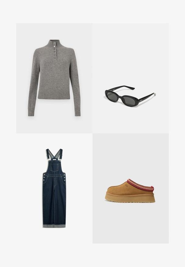 Grauer Strickpullover mit hochgestelltem Rippkragen, versehen mit einer teilweise knöpfbaren Vorderseite sowie einem gerippten Saum und Ärmeln für eine figurbetonte Passform.; Dunkelblaue Denim-Latzhose mit verstellbaren Trägern, einer Vordertasche, seitlichen Knöpfen und einem weiten Beinprofil mit umgeschlagenem Saum.; Braune Wildleder-Slipper mit rot-creamfarbenem gemusterten Besatz, strukturiertem Absatz und UGG-Logo an der Seite. Verfügt über eine leichte Plattformhöhe.; Schwarze Sonnenbrille mit ovalen Gläsern, glänzendem Kunststoffrahmen und schlanken Bügeln. Mit Ray-Ban-Logo in Weiß an der Seite.