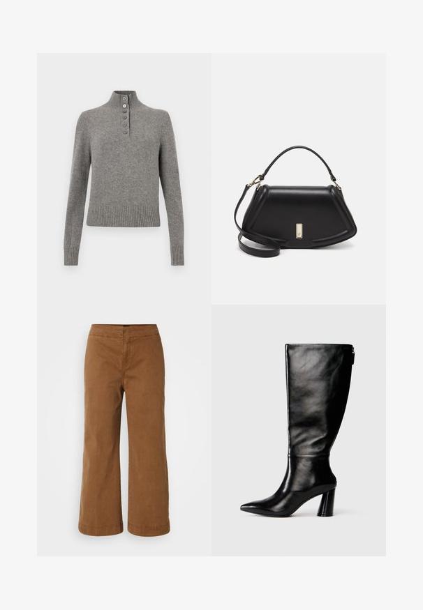 Maglione grigio a maglia con colletto alto a coste, dotato di una parziale chiusura a bottoni e orlo e polsini a coste per un look aderente.; Pantaloni a gamba larga marroni realizzati in tessuto morbido con una texture liscia, caratterizzati da un alto plissettato e dettagli cuciti.; Stivale in pelle nera, alto fino al ginocchio, con punta affusolata, superficie liscia e tacco spesso. Presenta un dettaglio con zip sul retro.; Borsa a mano in pelle nera con un design strutturato, caratterizzata da una forma corta, manico superiore e accessori in metallo dorato. Inclusa tracolla regolabile.