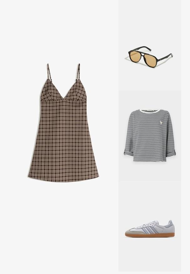Gestreiftes kurzärmliges Hemd mit marineblauen und weißen vertikalen Streifen, Rundhalsausschnitt und kleinem gesticktem Logo auf der Brust.; Weißes Kurzarm-Bodysuit aus weichem, dehnbarem Stoff, mit einer figurbetonten Passform, rundem Ausschnitt und einem String-Stil-Unterteil.; Braunes und beiges karriertes Kleid mit dünnen Trägern, das eine V-Ausschnitt und eine lockere Passform hat. Hergestellt aus leichtem Material mit glatter Textur.; Weiße Ledersneaker mit hellblauen Akzenten, grauem Wildlederzehen und einer braunen Gummisohle. Verfügt über drei blaue Streifen und "Samba"-Branding.; Schwarze Sonnenbrille mit braun getönten Gläsern; rechteckige Form mit einem dicken Rahmen, einschließlich subtiler Hardware-Akzente an den Bügeln.; Schwarze Leder-Taschen mit dreieckiger Form, einem verstellbaren Schultergurt und einer weichen, leicht durchhängenden Struktur.