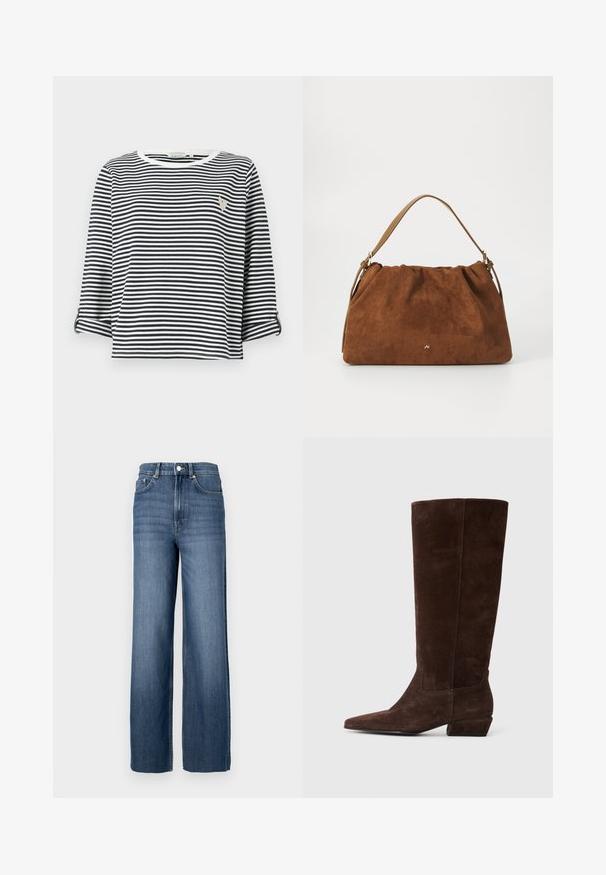 Stribet kortærmet skjorte med marineblå og hvide lodrette striber, rund halsudskæring og et lille broderet logo på brystet.; Blå denimjeans med høj talje og vidde ben. Har et klassisk fem-lomme design og metal knapdetaljer.; Mørkebrun ruskindsknæhøj støvle med lav blokhæl og spids tå, vist fra siden på en hvid baggrund.; Brun ruskind handbag med en samlet design, der har en enkelt tan læderstrop og en subtil guld logo detalje på fronten.
