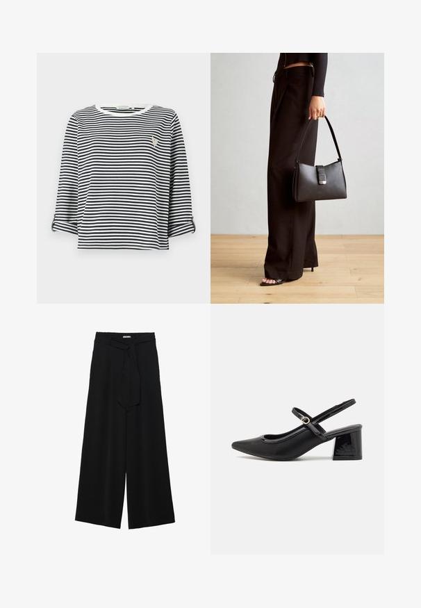 Gestreepte shirt met korte mouwen in marineblauw en witte verticale strepen, ronde halslijn en een klein geborduurd logo op de borst.; Zwarte wijde broek van textuurstof, met een elastische tailleband en een afneembare sjaalstrik in de taille voor een verstelbare pasvorm.; Zwarte gepolijste leren slingback hakken met een spitse neus, een ronde uitsnede en een blokhak. Voorzien van een gouden gespaccent.; Zwarte handtas met gestructureerde vorm, gladde textuur en een metalen sluiting. Gecombineerd met brede zwarte broeken en sandalen met open teen op een houten vloer.