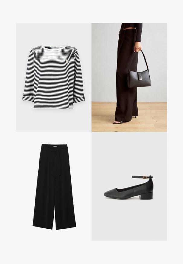 Gestreepte shirt met korte mouwen in marineblauw en witte verticale strepen, ronde halslijn en een klein geborduurd logo op de borst.; Zwarte wijde broek van textuurstof, met een elastische tailleband en een afneembare sjaalstrik in de taille voor een verstelbare pasvorm.; Zwarte leren pump met een spitse neus en een lage blokhak. Beschikt over een enkelband met een goudkleurige gespsluiting. Gladde textuur.; Zwarte handtas met gestructureerde vorm, gladde textuur en een metalen sluiting. Gecombineerd met brede zwarte broeken en sandalen met open teen op een houten vloer.