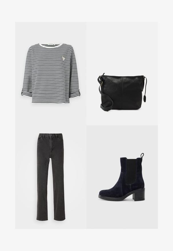 Camicia a maniche corte a righe verticali blu navy e bianche, con scollatura tonda e un piccolo logo ricamato sul petto.; Jeans in denim nero con taglio dritto, vita alta, cinque tasche e chiusura con bottone. Il materiale ha una leggera trama, senza motivi visibili.; Stivaletti alla caviglia in camoscio blu navy con pannello elastico laterale, punta tonda e tacco a blocco. Il tessuto testurizzato e la suola liscia aggiungono contrasto.; Borsa a tracolla in pelle nera con forma piatta, dettagli in metallo dorato e tracolla regolabile. Texture liscia con dettagli di cucitura minimi.