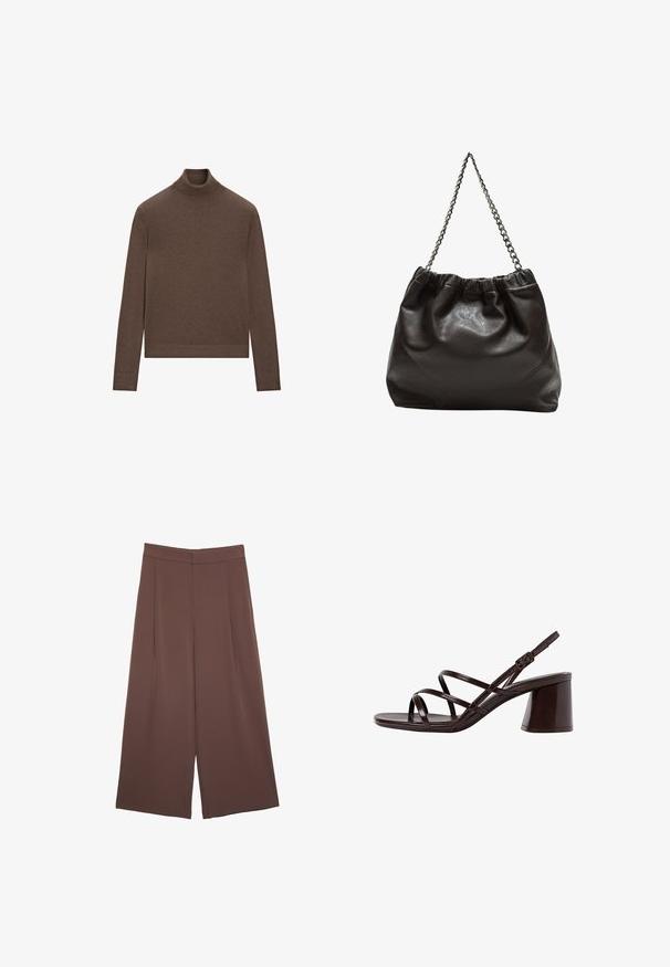 Maglione a collo alto marrone realizzato in morbido tessuto a maglia. Caratterizzato da una silhouette aderente, maniche lunghe e colletto e orlo ribattuti.; Pantaloni ampi marroni con una texture liscia, caratterizzati da una vita alta e pieghe frontali. Il tessuto è leggero e scorre liberamente.; Sandalo con tacco alto e cinturini marrone, dotato di un tacco spesso, con una finitura liscia e lucida e numerosi cinturini incrociati sulla parte superiore.; Borsa in pelle marrone con parte superiore arricciata e tracolla a catena. Texture liscia con finitura lucida e dettagli di cucitura sottili sui lati.
