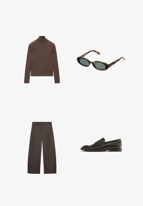 Brauner Rollkragenpullover aus weichem Strickmaterial. Mit einer taillierten Silhouette, langen Ärmeln und geripptem Kragen und Saum.; Braune, weit geschnittene Hosen aus strukturiertem Stoff mit gefaltetem Vorderteil, Gürtelschlaufen und Knopfakzenten am Saum.; Schwarze Lederloafer mit einem Fransenmuster an der Zehenpartie, flacher Sohle und einer gesteppten Akzentnähte über dem Obermaterial. Glatte Textur und minimalistischer Stil.; Schildpatt-Sonnenbrille mit ovalen Rahmen und grünen Gläsern. Verfügt über dünne Bügel mit einem metallischen Akzent in der Nähe der Scharniere.; Dunkelbraune Leder-Shopper-Tasche mit schlanken Doppelgriffen und einem silberfarbenen rechteckigen Schnallendetail am vorderen Riemen.