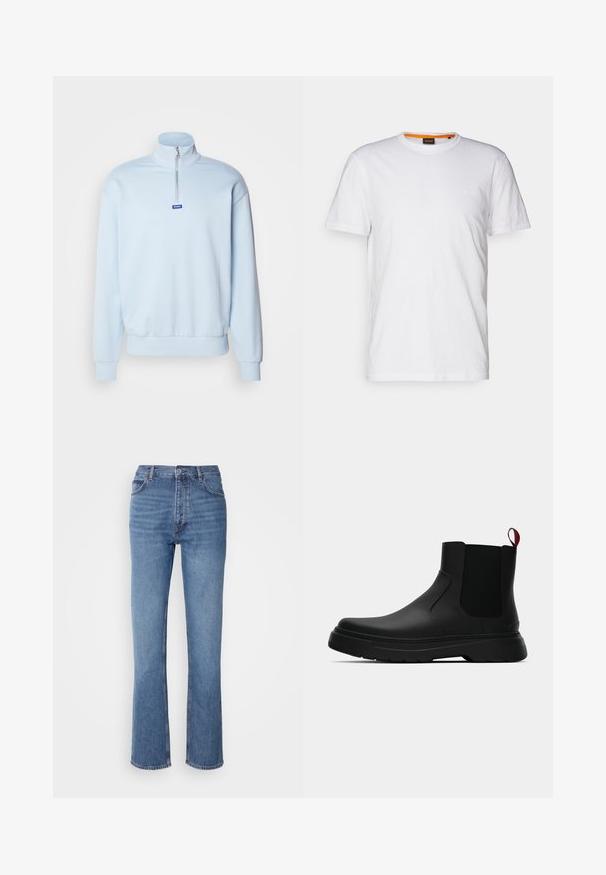 Lichtblauwe zip-up sweatshirt met hoge kraag, ribgebreide manchet en zoom. Bevat een klein blauw logo label op de borst. Zachte stoftextuur.; Witte katoenen T-shirt met ronde hals, korte mouwen en een subtiel reliëflogo op de borst. Het binnenlabel heeft een oranje accent.; Blauwe denim jeans met een hoge taille, een recht pasvorm en subtiele vervaging. Kenmerkt zich door de klassieke vijf-pocketstijl en een ritssluiting.; Zwarte enkelboot met een gladde afwerking, elastische zijpanelen en een contrasterende rode treklus, met een dikke rubberen zool en een afgeronde teen.