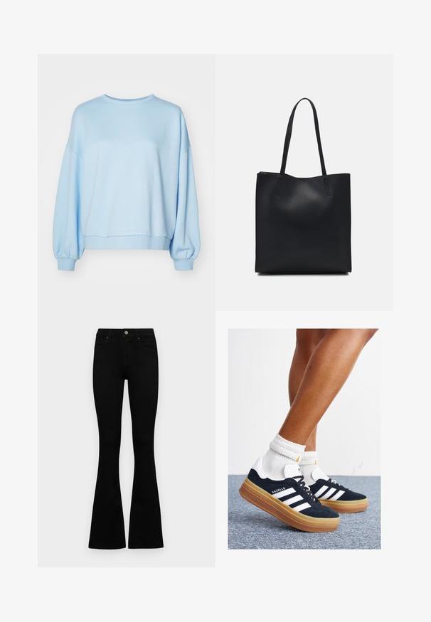 Világoskék pulóver, puha pamutból készült, lekerekített nyakkivágással, esésben lévő vállakkal és elasztikus mandzsettákkal rendelkezik, kényelmes, laza fazonú.; Fekete, magas derekú farmernadrág gomb- és cipzárzárral, elülső zsebekkel és harangszárral, laposan egy fehér háttérre terítve.; Fekete velúr sportcipő fehér csíkokkal és díszítésekkel, lekerekített orral, gumitalpú külső résszel, fehér bordázott bokazoknival párosítva.; Fekete bőrtáska sima felszínnel, téglalap alakú, két hosszú füllel. Nincs látható fémkiegészítő vagy díszítés.