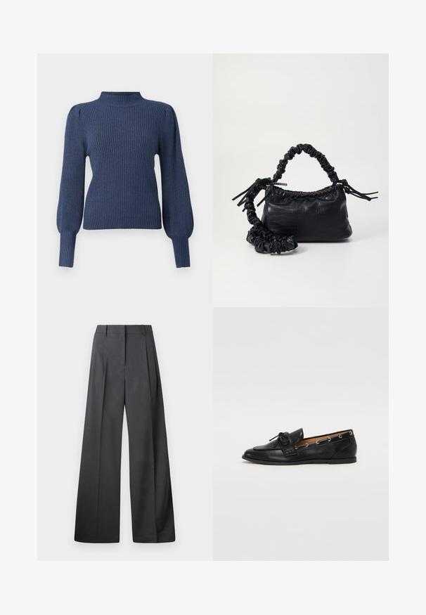 Tamsiai mėlynas raukšlėtas megztinis su aukštu kaklu, ilgomis pūstomis rankovėmis ir prigludusia siluetu. Pagamintas iš minkštos, tekstūrinės medžiagos.; Tamsiai pilkos plačios kojos kelnės, turinčios aukštą liemenį, vieną raukšlę ir sklandžią tekstūrą su tvarkingais kraštais.; Juodi odiniai loafai su surišta mazgeliu, su auksinėmis akytėmis šoninėse dalyse ir plokščiu guminiu padu. Lygus paviršius, klasikinis dizainas.; Juodas dirbtinės odos rankinė su krokodilo tekstūra, sušnibždinta viršuje ir susikraipytu dirželiu. Atrodo minkšta ir kompaktiška.