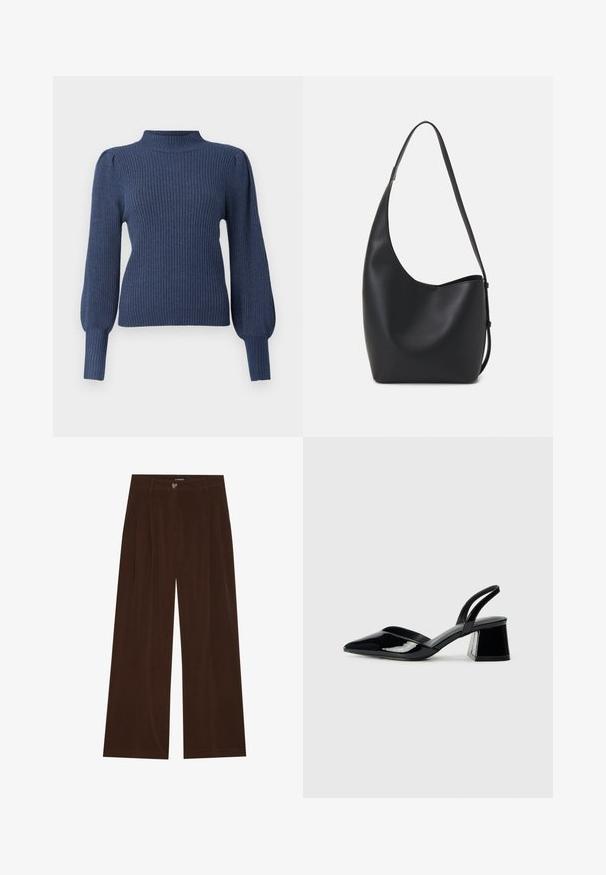 Mornarsko modra rebrasta puli majica z visokim ovratnikom, dolgimi puff rokavi in prilegajočim telesom. Narejena iz mehke, strukturirane tkanine.; Rjave široke hlače z mehkimi nedrsečimi tkaninami, opremljene s sprednjim gumbom in dvema plitvima nagubama na pasu za strukturiran izgled.; Črne lakirane slingback pete s koničastim nosom in geometrijsko blokasto peto. Imajo eleganten, minimalističen dizajn in gladko teksturo.; Črna usnjena hobo torba z gladko teksturo, ukrivljeno obliko in eno nastavljivo naramnico; ima širok odprtina na vrhu.