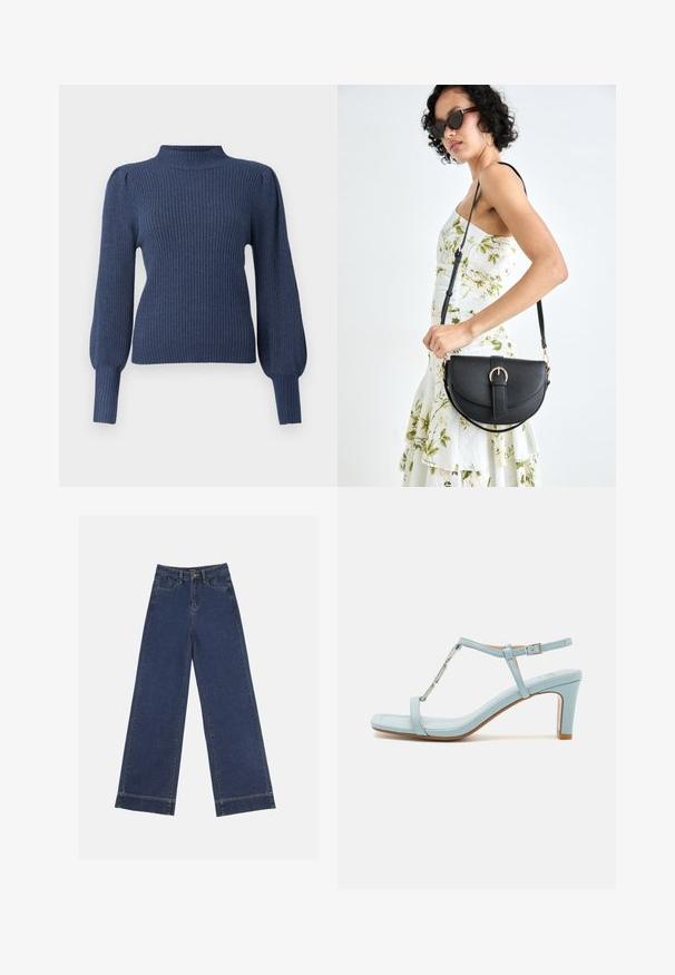 Marineblauwe geribde trui met een hoge hals, lange pofmouwen en een aansluitende pasvorm. Gemaakt van een zachte, textuurstof.; Wide-leg jeans in donkerblauwe denim. Voorzien van vijf zakken, riemlussen en een rauwe zoom onderaan met zichtbare stikseldetails.; Lichtblauwe enkelbandjes hoge hak sandaal met een vierkante neus, voorzien van een metallic accent en een slanke, gladde leren textuur.; Zwarte leren handtas met een gebogen vorm, afneembare schouderband en gouden hardware. De tas heeft een klep met een gespsluiting.