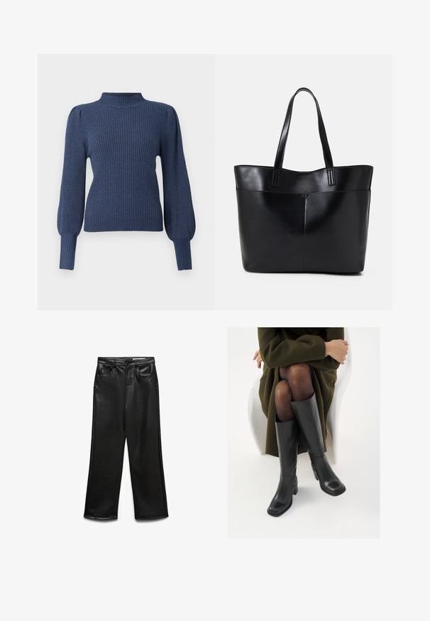 Laivastonsininen ribbineulepaita, jossa on korkea kaula-aukko, pitkät puffi-hihat ja vartalonmyötäinen malli. Valmistettu pehmeästä, tekstuurista kankaasta.; Mustat keinonahkaiset leveälahkeiset housut, joissa on etutaskut, vyölenkit ja hienovarainen kiilto. Sileä pinta ja räätälöity istuvuus.; Polvisuoja mustat nahastossud, millel on ruudukujuline varvas ja plokk-kints, on esitatud mudeli seljas, kes istub oliivrohelises mantlis. Sile tekstuur, minimaalne detailitus.; Musta nahkainen kassi, jossa on kaksi pitkää kahvaa, sileä pinta ja jämäkkä muoto. Sisältää etutaskun lisävarastointia varten.