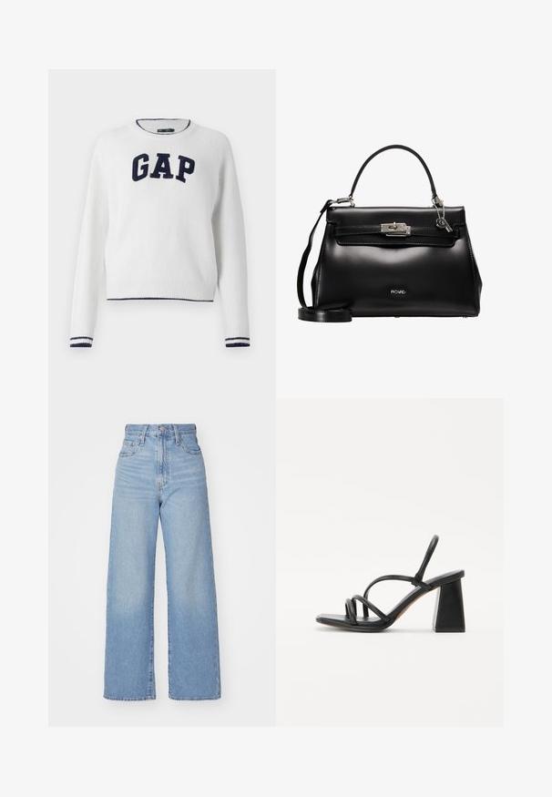 Weißer Strickpullover mit Rundhalsausschnitt, der "GAP" in dunkelblau über die Brust zeigt und marineblau gestreifte Akzente an den Bündchen und am Saum hat.; Hellblaue High-Waist-Weite-Leg-Jeans mit Knopf- und Reißverschluss vorne, Vorder- und Rückentaschen, auf weißem Hintergrund.; Schwarze High-Heelsandalette mit quadratischem, klobigem Absatz, ausgestattet mit mehreren dünnen Riemen über dem Fuß und einem offenen Rückendesign. Glatte Lederoberfläche.; Schwarze Lederhandtasche mit strukturierter Form, Obergriff, abnehmbarer Schulterriemen und einem silberfarbenen Verschluss. Verfügt über ein dezent geprägtes Logo.