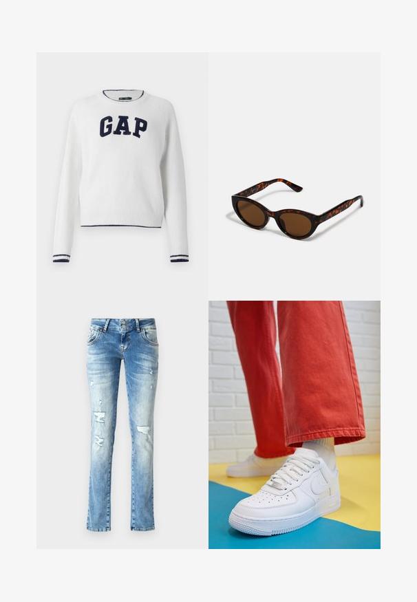 Weißer Strickpullover mit Rundhalsausschnitt, der "GAP" in dunkelblau über die Brust zeigt und marineblau gestreifte Akzente an den Bündchen und am Saum hat.; Helle blaue Jeans aus Denim mit entspannter Passform, featuring distressed Details, einem Knopfverschluss mit zwei Knöpfen und geraden Beinen.; Weiße Leder-Sneaker mit perforiertem Zehenbereich, strukturiertem Sohlen und weißen Schnürsenkeln, kombiniert mit weiten roten Hosen und einem blauen und gelben Hintergrund.; Braune Schildpatt-Sonnenbrille mit einer Vintage-Cat-Eye-Form und braunen Gläsern. Verfügt über gebogene Bügel mit roten Akzenten.; Goldene Creolen mit einer glatten, glänzenden Oberfläche. Zirkuläres Design mit einem kleinen Stecker und einer klaren Rückseite für einen sicheren Sitz.