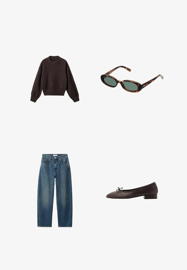 Bruine gebreide trui met een ronde halslijn, verlaagde schouders en geribbelde boorden. Zachte textuur, cropped ontwerp en losse pasvorm.; Mouwloze witte jurk met een ronde halslijn en een asymmetrische zoom die aan de ene kant tot een punt hangt.; Donkerblauwe denim jeans met een rechte pijp, vijf-pocket ontwerp en een klassieke knoopsluiting. Zachte textuur met subtiele vervaging.; Bruine leren balletschoen met een ronde neus en een kleine blokhak. Kenmerkt zich door een dunne strik aan de voorkant en subtiele stikdetails.; schildpadbril met ovale monturen en groene lenzen. Heeft dunne spijlen met een metalen accent nabij de scharnieren.; Geweven gele handtas met een gebogen handvat aan de bovenkant en een ongestructureerde vorm. Het gestructureerde oppervlak heeft een kruissteekpatroon over de hele tas.
